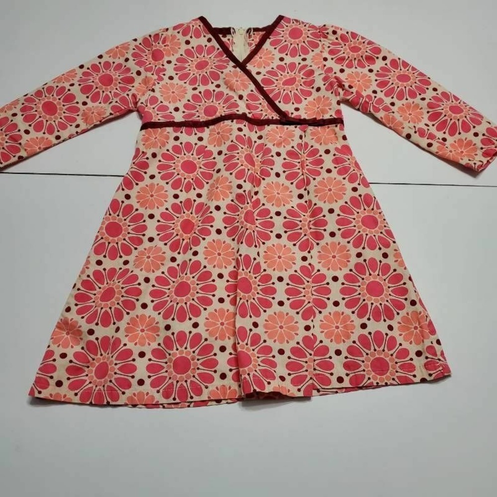 Beary Basics Girls Faux Wrap Dress Pink Floral V Neck 3/4 Sleeve Zip Cotton 6X